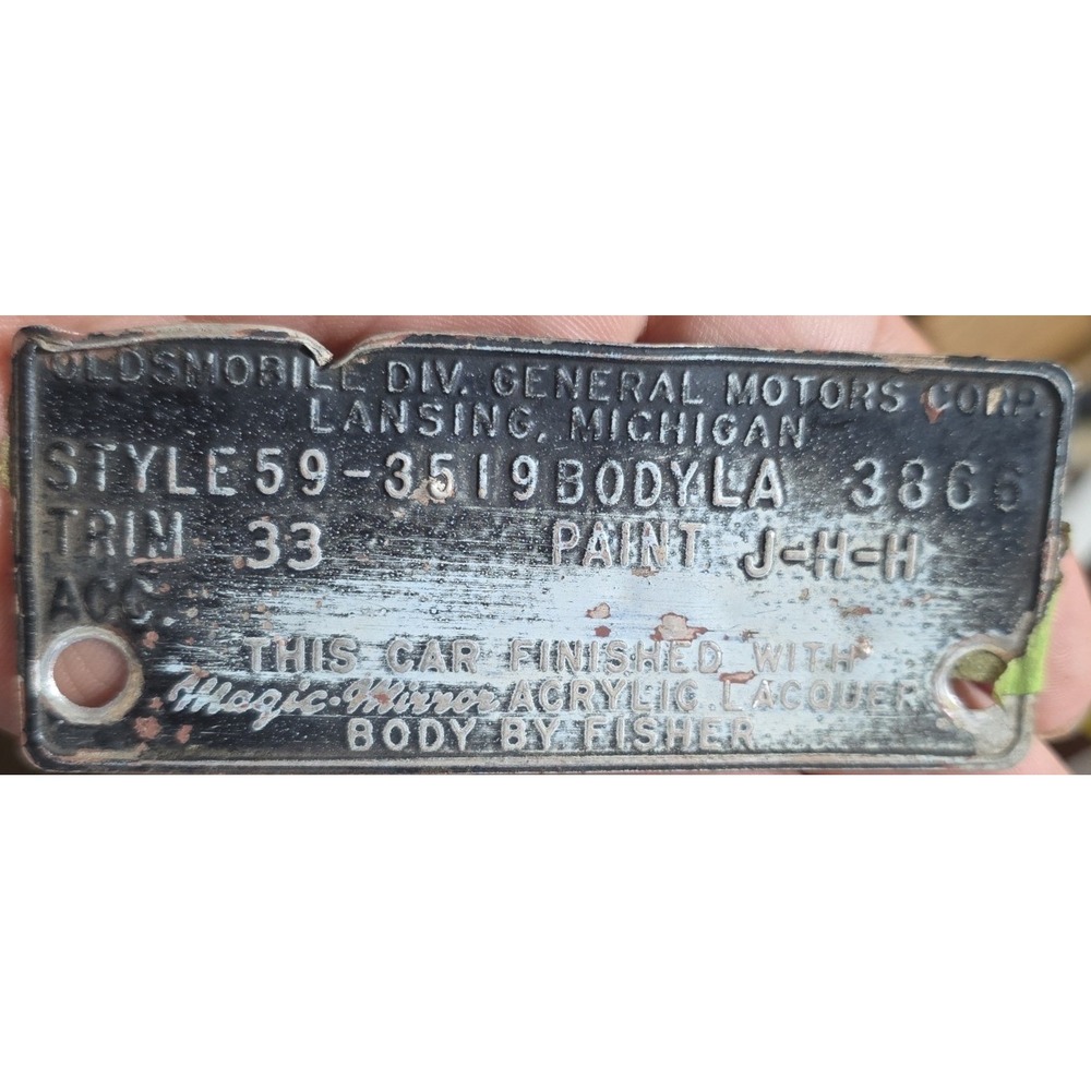 1959 Oldsmobile 88 Data Plate Trim Tag